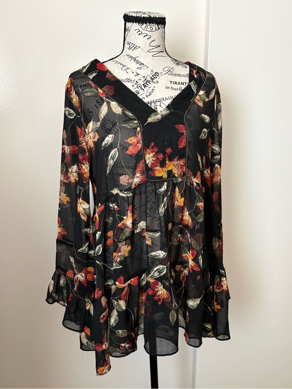 Melissa Paige Black Floral Sheer Tunic with Red and Yellow Blooms